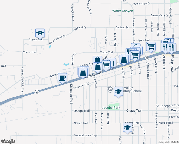 map of restaurants, bars, coffee shops, grocery stores, and more near 55446 29 Palms Highway in Yucca Valley