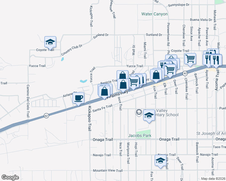 map of restaurants, bars, coffee shops, grocery stores, and more near 55446 29 Palms Highway in Yucca Valley