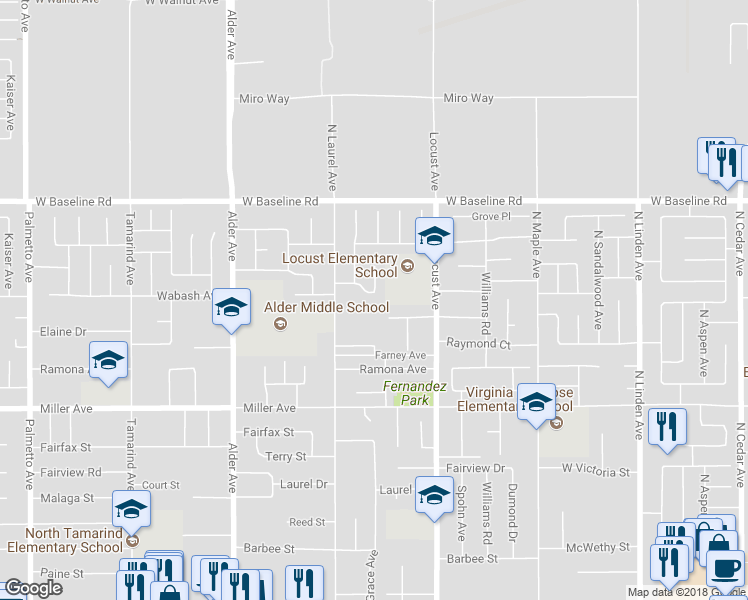 map of restaurants, bars, coffee shops, grocery stores, and more near 17975 San Jacinto Avenue in Fontana