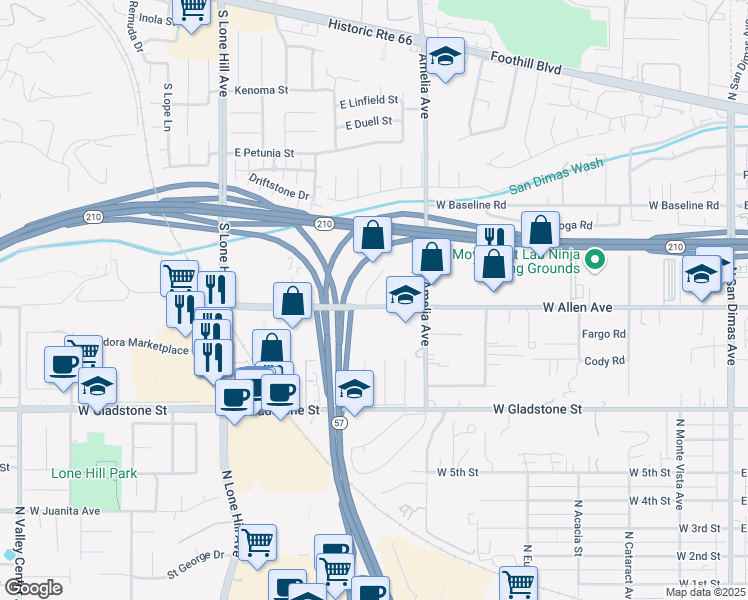 map of restaurants, bars, coffee shops, grocery stores, and more near 1160 Nicole Court in Glendora