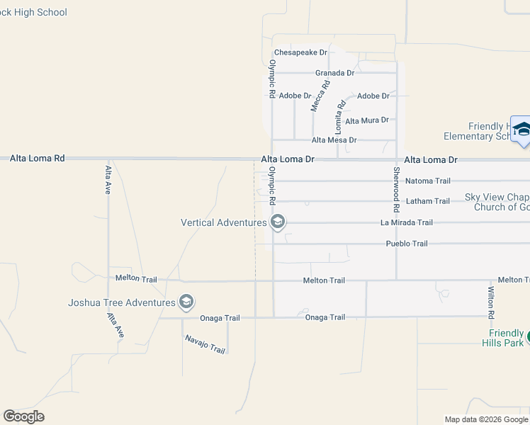 map of restaurants, bars, coffee shops, grocery stores, and more near 7454 Olympic Road in Joshua Tree