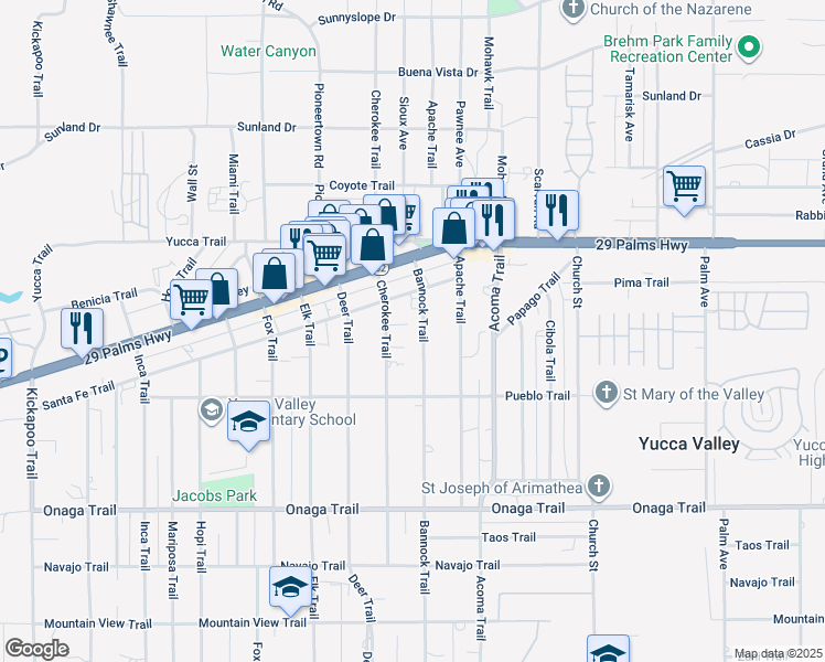 map of restaurants, bars, coffee shops, grocery stores, and more near 7419 Cherokee Trail in Yucca Valley