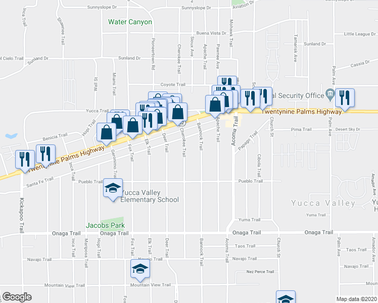 map of restaurants, bars, coffee shops, grocery stores, and more near 7419 Cherokee Trail in Yucca Valley