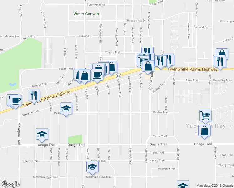 map of restaurants, bars, coffee shops, grocery stores, and more near 7425 Deer Trail in Yucca Valley