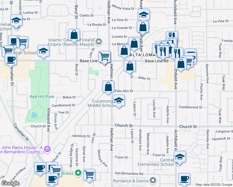 map of restaurants, bars, coffee shops, grocery stores, and more near 9335 Palo Alto Street in Rancho Cucamonga