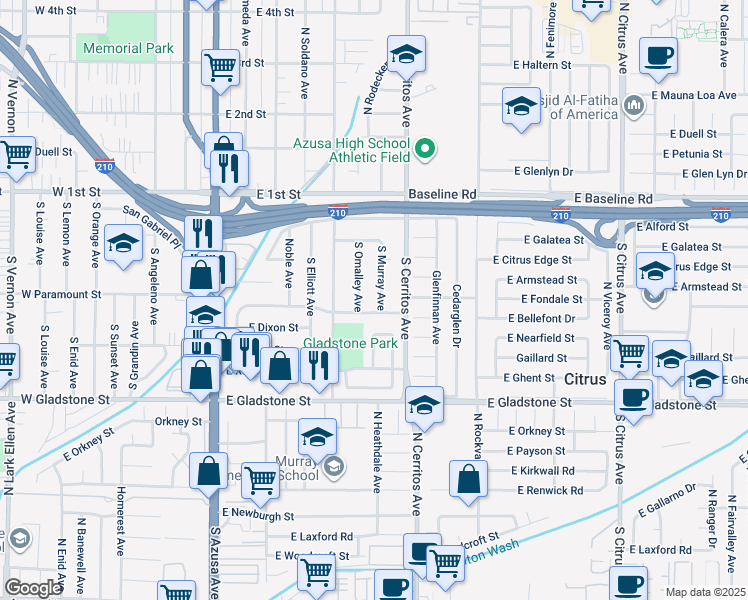 map of restaurants, bars, coffee shops, grocery stores, and more near 531 Mason Street in Azusa