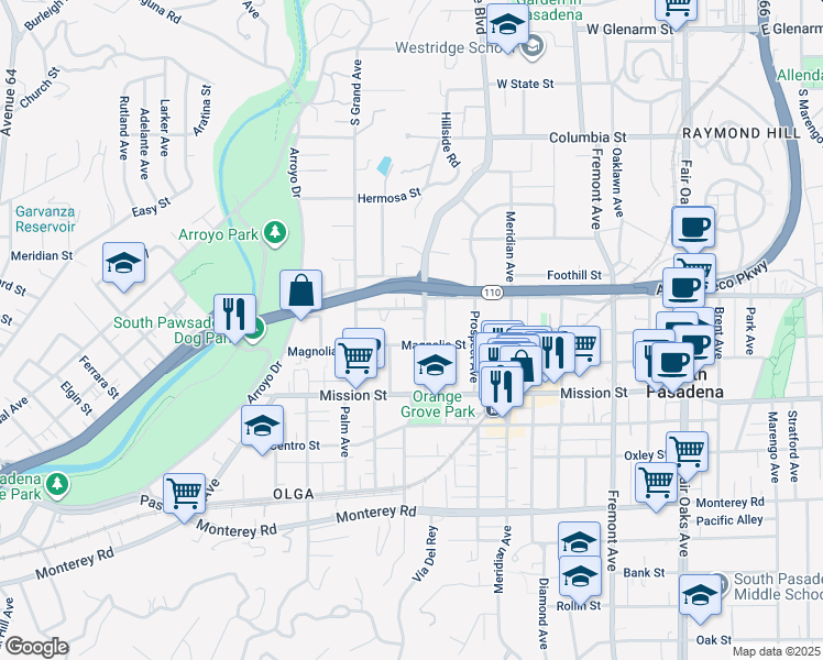 map of restaurants, bars, coffee shops, grocery stores, and more near 653 Orange Grove Avenue in South Pasadena