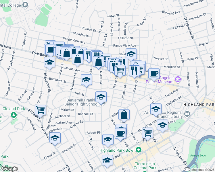 map of restaurants, bars, coffee shops, grocery stores, and more near 5421 Baltimore Street in Los Angeles