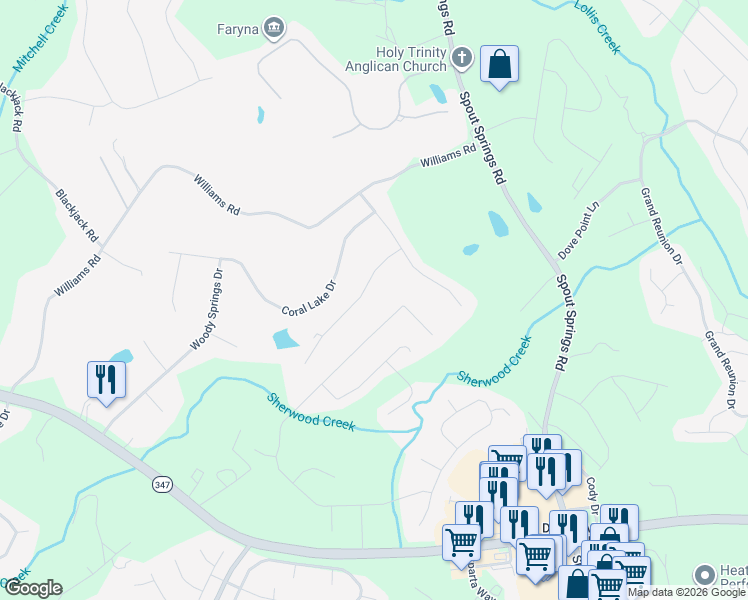 map of restaurants, bars, coffee shops, grocery stores, and more near 7321 Clubcrest Drive in Flowery Branch