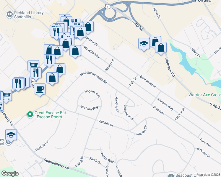 map of restaurants, bars, coffee shops, grocery stores, and more near 203 Woodlands Ridge Road in Columbia