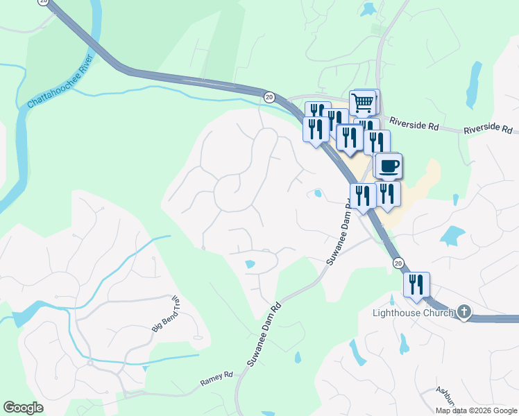 map of restaurants, bars, coffee shops, grocery stores, and more near 510 Pine Rock Trail in Sugar Hill