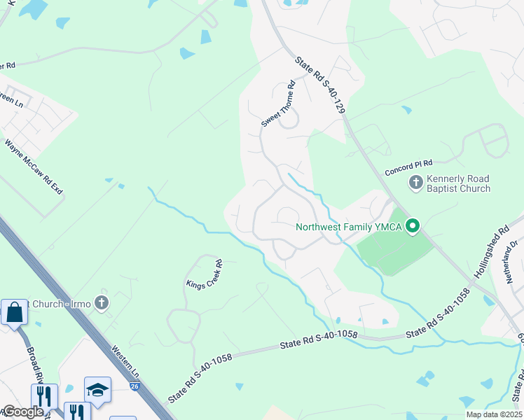 map of restaurants, bars, coffee shops, grocery stores, and more near 54 Sweet Thorne Circle in Irmo