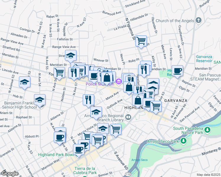 map of restaurants, bars, coffee shops, grocery stores, and more near 6176 Aldama Street in Los Angeles
