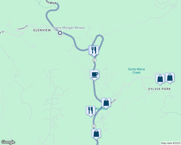 map of restaurants, bars, coffee shops, grocery stores, and more near 1754 Happy Trail in Topanga