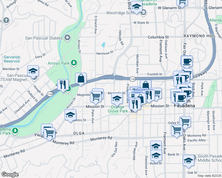 map of restaurants, bars, coffee shops, grocery stores, and more near 647 Orange Grove Avenue in South Pasadena