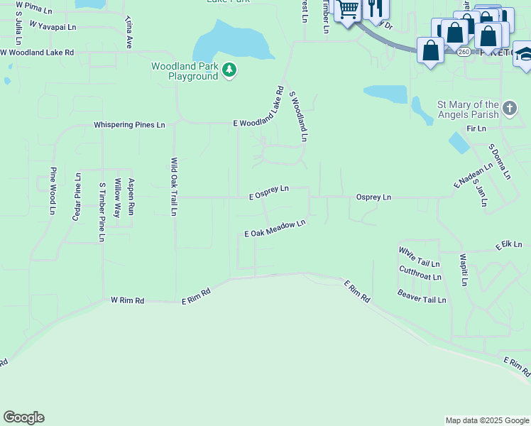 map of restaurants, bars, coffee shops, grocery stores, and more near 443 East Meadow Lane in Pinetop-Lakeside