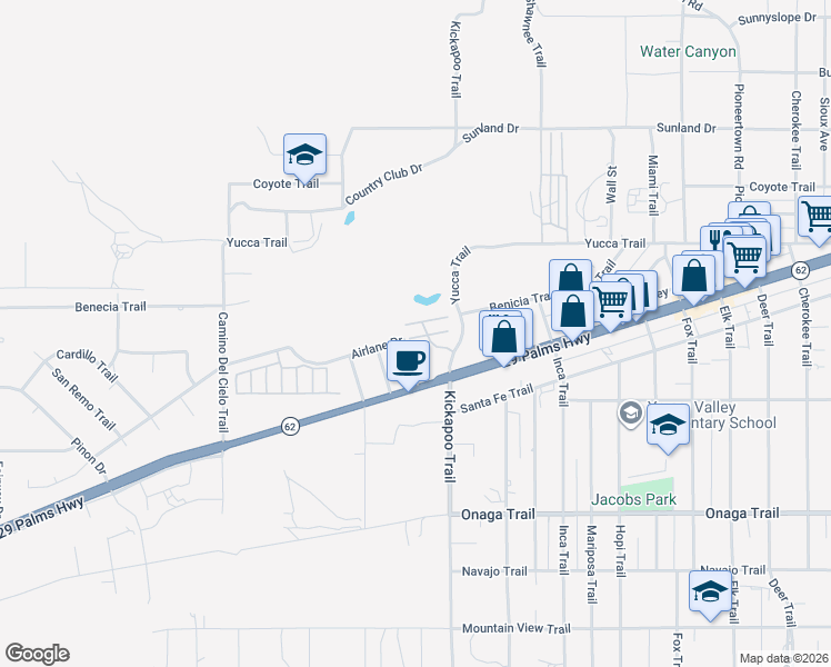 map of restaurants, bars, coffee shops, grocery stores, and more near 7484 Kickapoo Trail in Yucca Valley