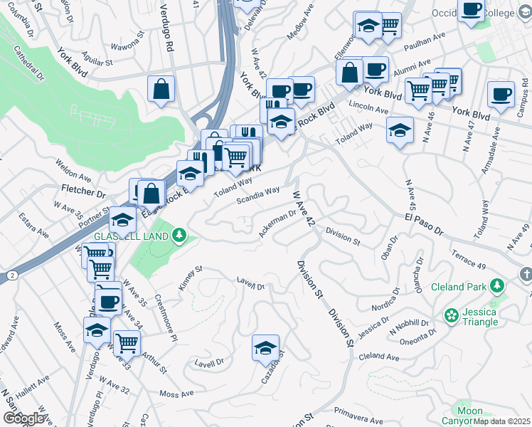 map of restaurants, bars, coffee shops, grocery stores, and more near 3960 Verdugo View Drive in Los Angeles
