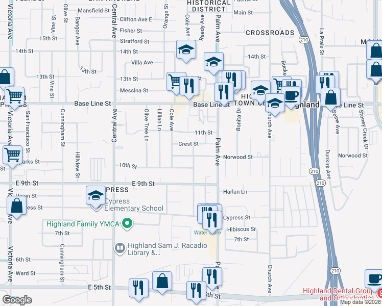 map of restaurants, bars, coffee shops, grocery stores, and more near 27198 Norwood Street in Highland