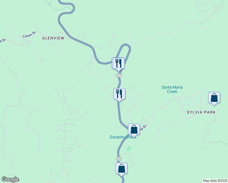 map of restaurants, bars, coffee shops, grocery stores, and more near 1754 Happy Trail in Topanga