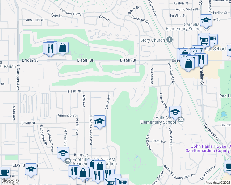 map of restaurants, bars, coffee shops, grocery stores, and more near 1494 Red Hill North Drive in Upland
