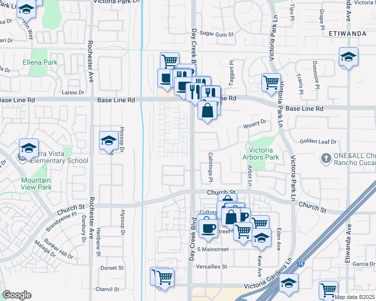 map of restaurants, bars, coffee shops, grocery stores, and more near 12274 Chorus Drive in Rancho Cucamonga