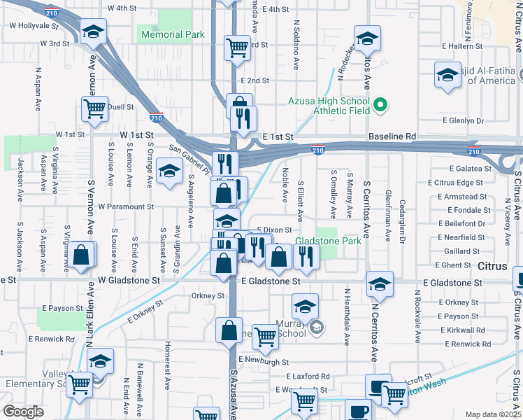 map of restaurants, bars, coffee shops, grocery stores, and more near 204 Mason Street in Azusa
