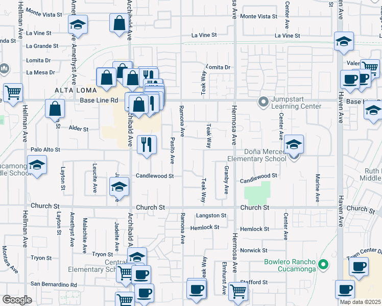 map of restaurants, bars, coffee shops, grocery stores, and more near 9929 Palo Alto Street in Rancho Cucamonga