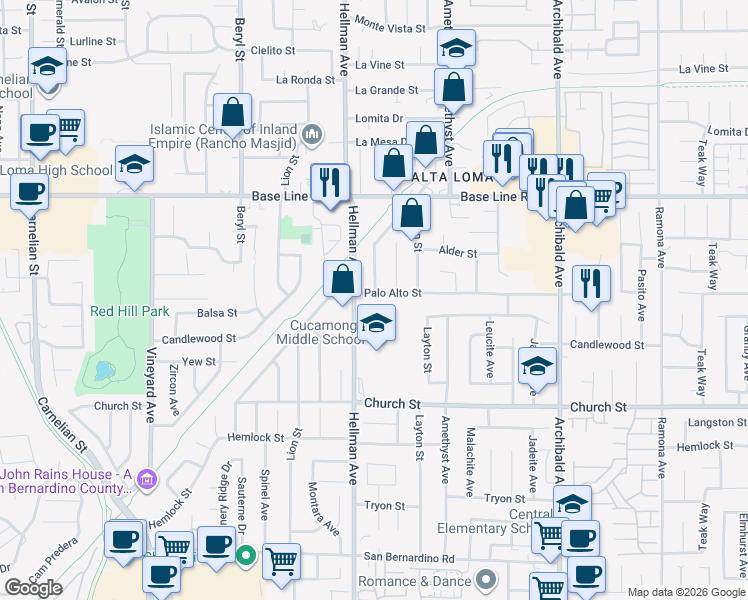 map of restaurants, bars, coffee shops, grocery stores, and more near 9335 Palo Alto Street in Rancho Cucamonga