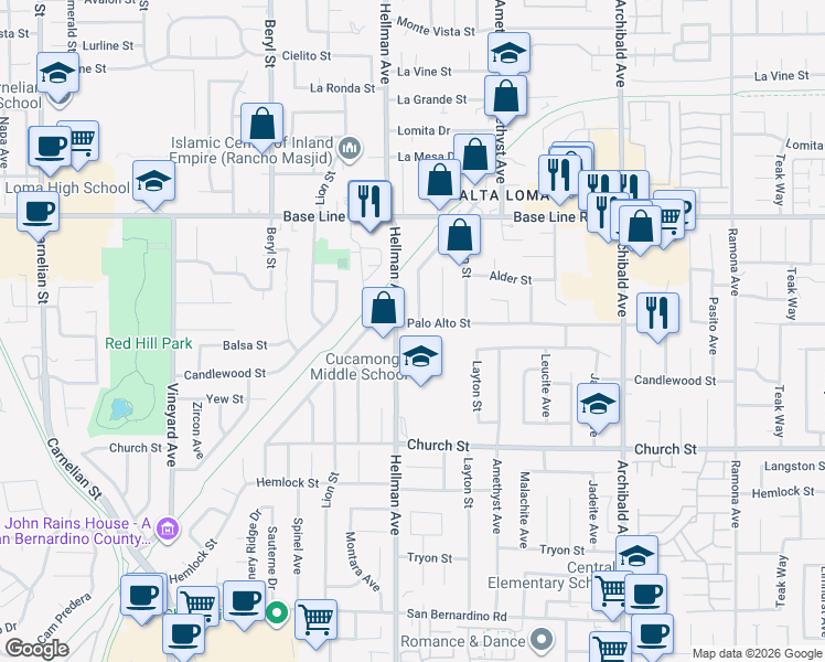 map of restaurants, bars, coffee shops, grocery stores, and more near 9335 Palo Alto Street in Rancho Cucamonga