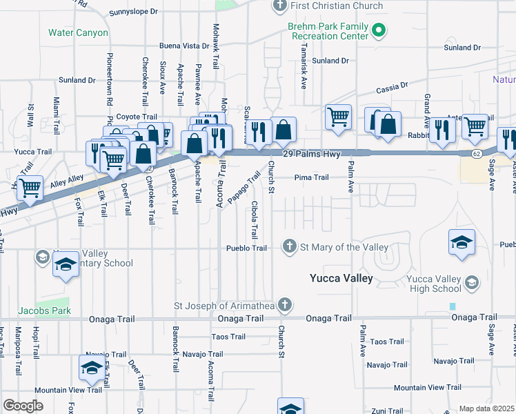 map of restaurants, bars, coffee shops, grocery stores, and more near 7417 Cibola Trail in Yucca Valley