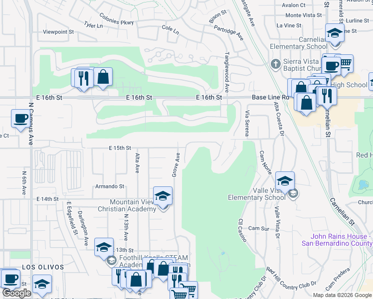 map of restaurants, bars, coffee shops, grocery stores, and more near 1494 Red Hill North Drive in Upland