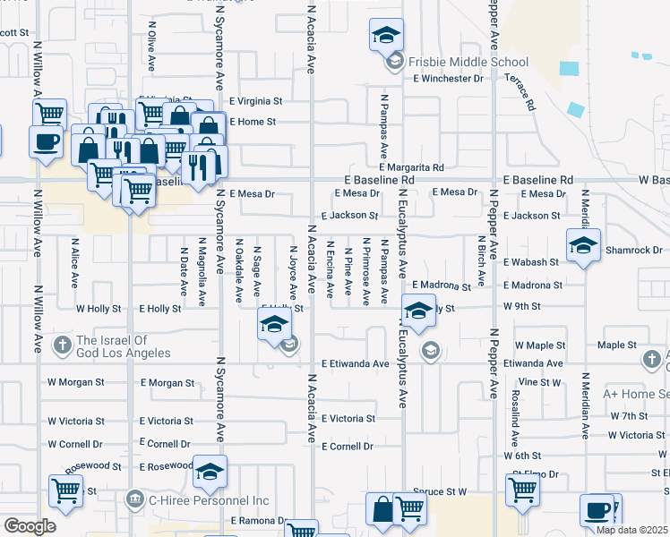 map of restaurants, bars, coffee shops, grocery stores, and more near 1005 North Encina Avenue in Rialto