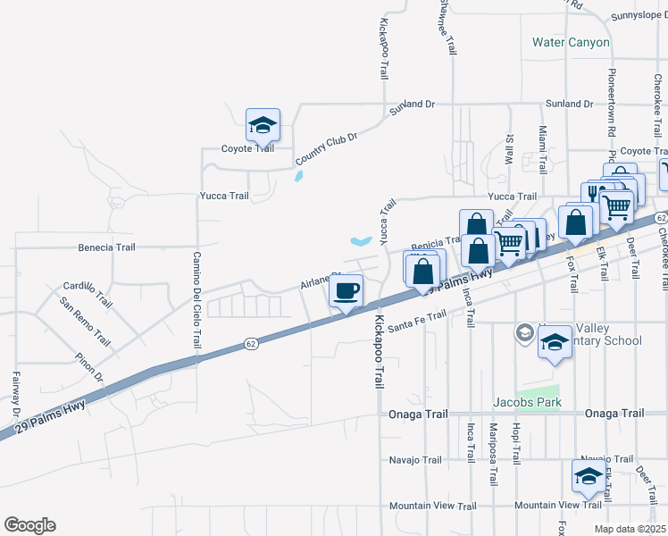 map of restaurants, bars, coffee shops, grocery stores, and more near 55200 Airlane Drive in Yucca Valley