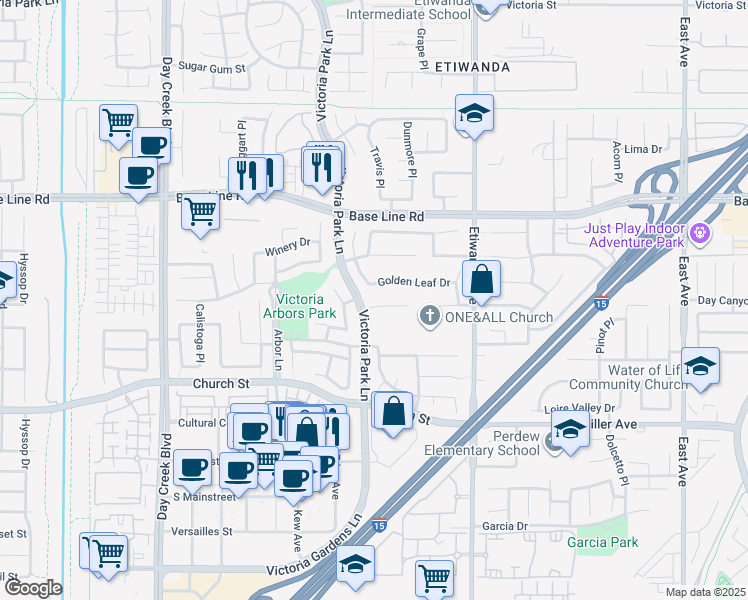 map of restaurants, bars, coffee shops, grocery stores, and more near 12712 Wine Cellar Court in Rancho Cucamonga