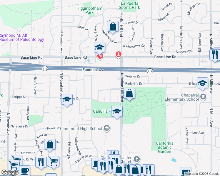 map of restaurants, bars, coffee shops, grocery stores, and more near 468 Bowling Green Drive in Claremont