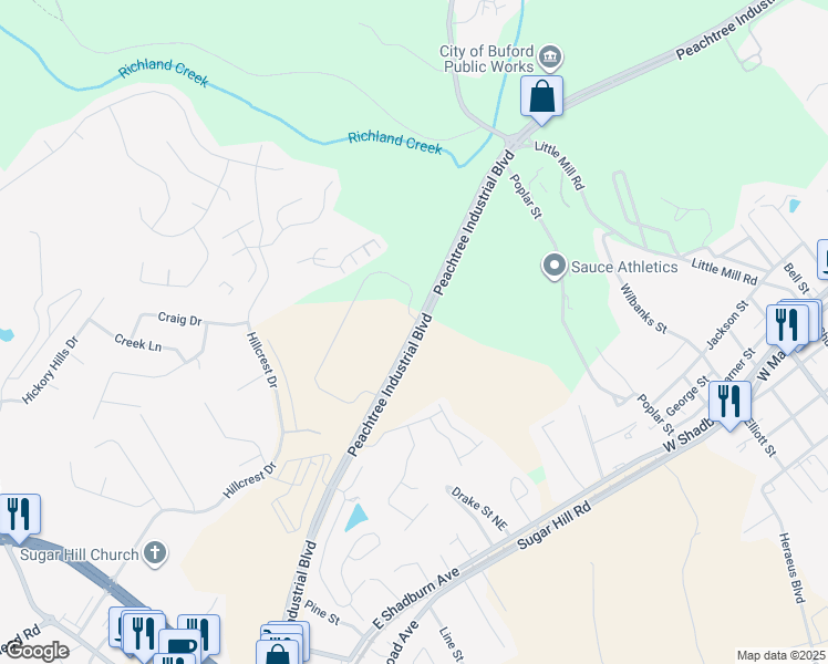 map of restaurants, bars, coffee shops, grocery stores, and more near 1630 Peachtree Industrial Boulevard in Buford
