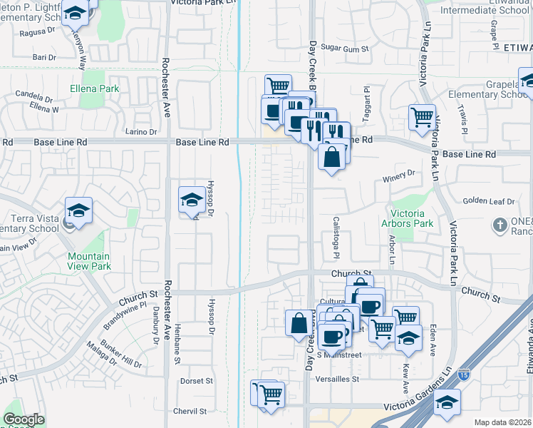 map of restaurants, bars, coffee shops, grocery stores, and more near 12215 Chorus Drive in Rancho Cucamonga