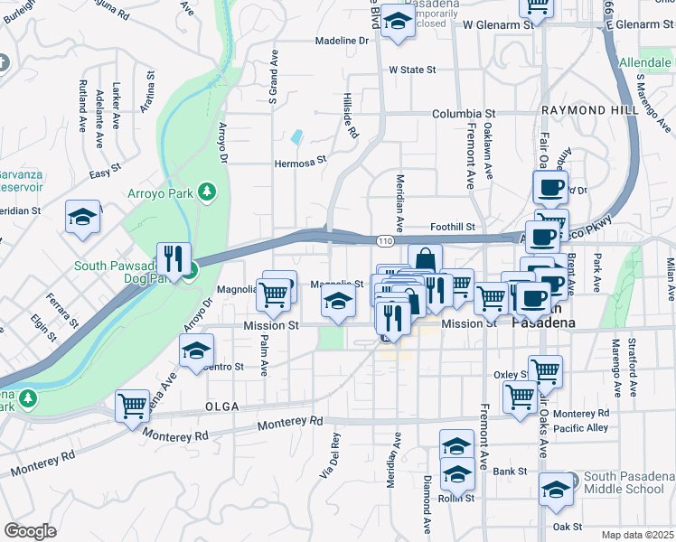 map of restaurants, bars, coffee shops, grocery stores, and more near 820 Magnolia Street in South Pasadena