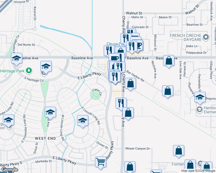 map of restaurants, bars, coffee shops, grocery stores, and more near 14391 Quail Court in Fontana