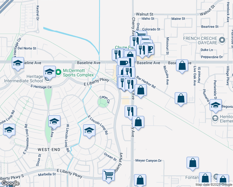 map of restaurants, bars, coffee shops, grocery stores, and more near 14391 Quail Court in Fontana