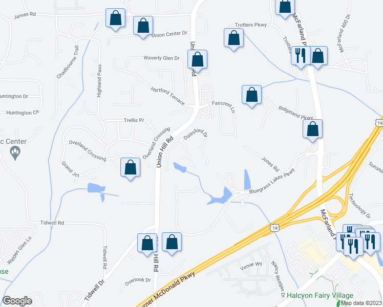 map of restaurants, bars, coffee shops, grocery stores, and more near 1345 Holleybrooke Drive in Alpharetta