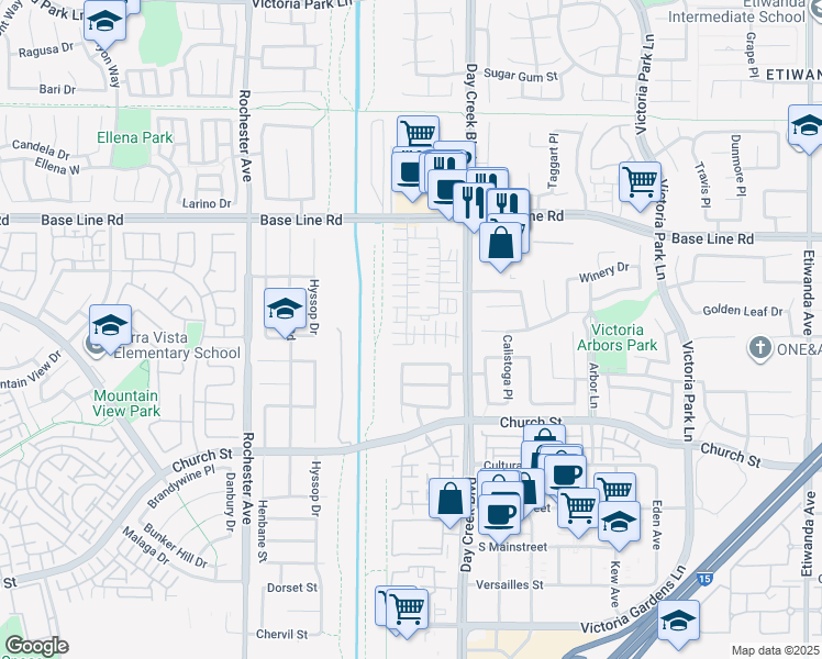 map of restaurants, bars, coffee shops, grocery stores, and more near 12232 Chorus Drive in Rancho Cucamonga