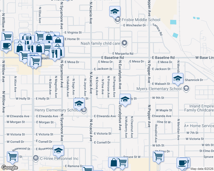 map of restaurants, bars, coffee shops, grocery stores, and more near 952 North Pine Avenue in Rialto