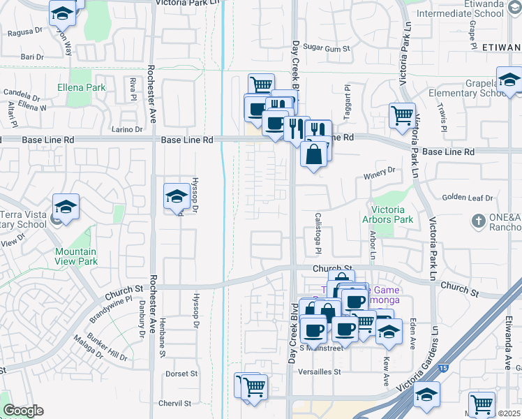 map of restaurants, bars, coffee shops, grocery stores, and more near 12232 Chorus Drive in Rancho Cucamonga