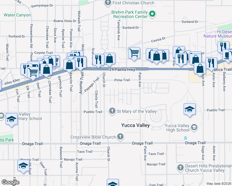 map of restaurants, bars, coffee shops, grocery stores, and more near 7425 Church Street in Yucca Valley