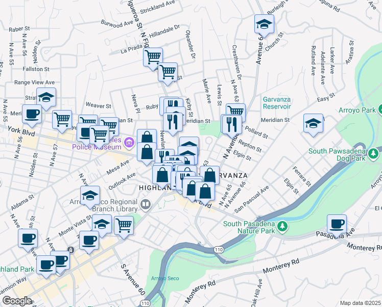 map of restaurants, bars, coffee shops, grocery stores, and more near 317 North Avenue 62 in Los Angeles