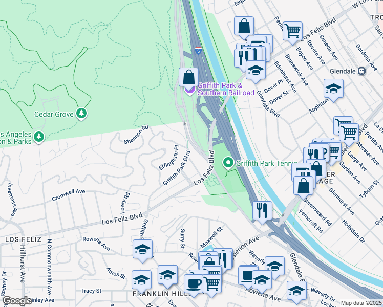 map of restaurants, bars, coffee shops, grocery stores, and more near 3454 Lambeth Street in Los Angeles