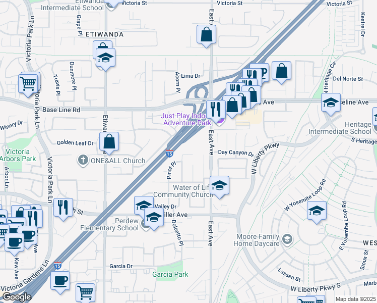 map of restaurants, bars, coffee shops, grocery stores, and more near 13212 Woodchase Court in Rancho Cucamonga
