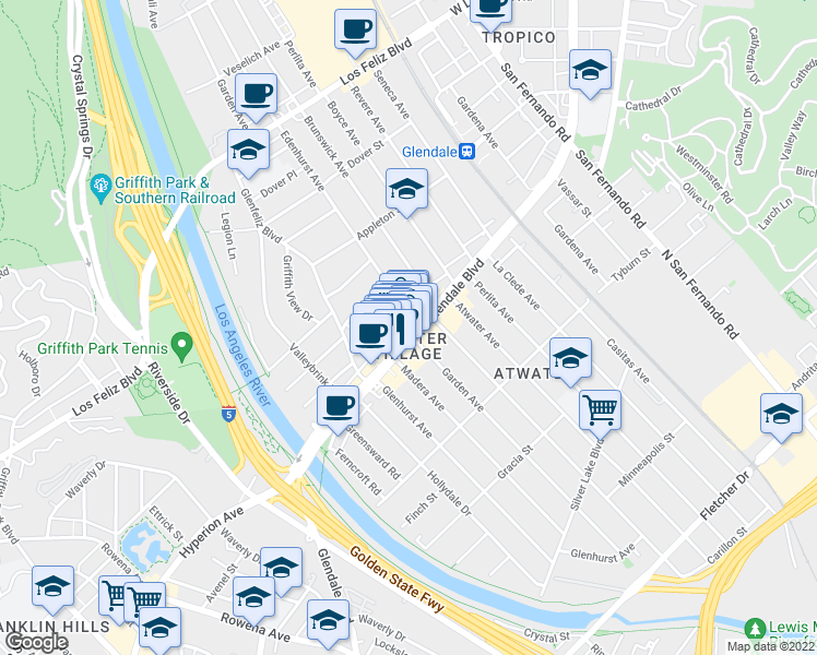 map of restaurants, bars, coffee shops, grocery stores, and more near 3177 Glendale Boulevard in Los Angeles